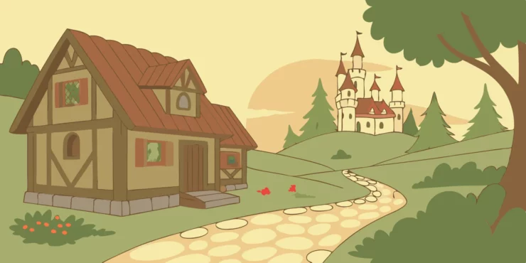 Stardew Valley cottage near a Baldur's Gate 3 castle.