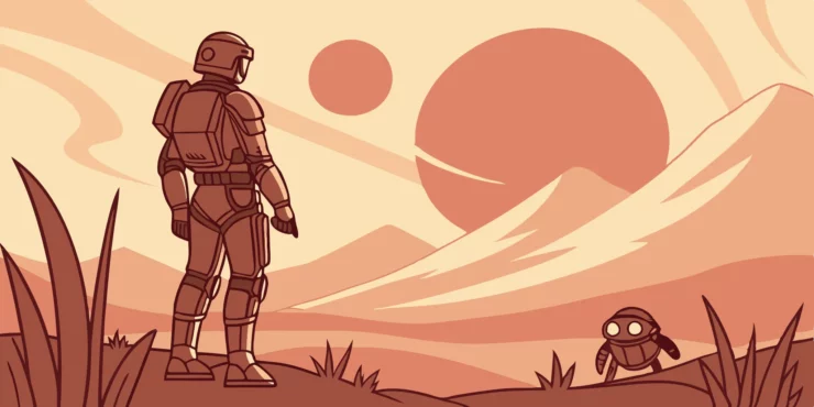 Explorer and robot companion in futuristic landscape.