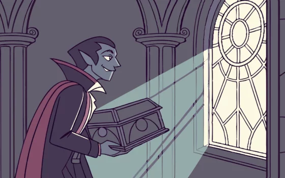 Astarion, a vampire, bathed in sunlight, holding a mysterious box.