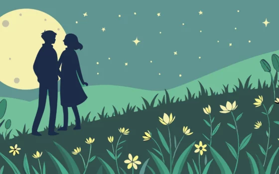 Aylin and Isobel silhouetted under a starry night sky.