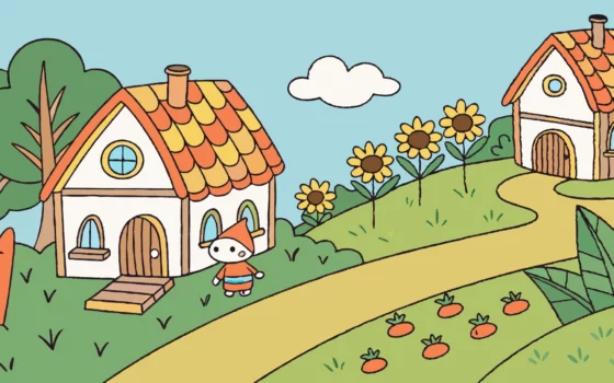 Baldur's Gate 3 character in a Stardew Valley-style village with cottages and sunflowers.