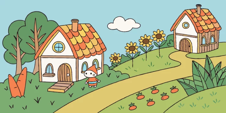 Baldur's Gate 3 character in a Stardew Valley-style village with cottages and sunflowers.