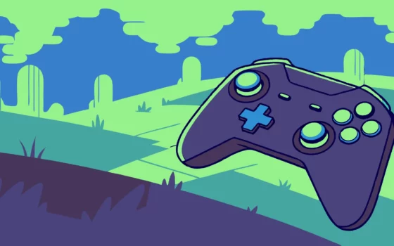 Game controller on stylized landscape with glitches.