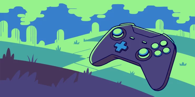 Game controller on stylized landscape with glitches.