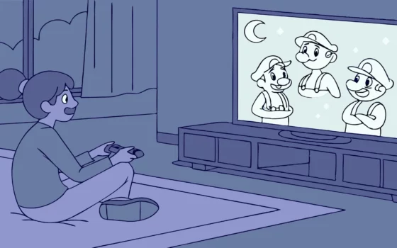 Gamer connecting with video game characters on screen.