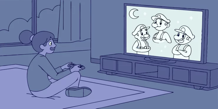 Gamer connecting with video game characters on screen.