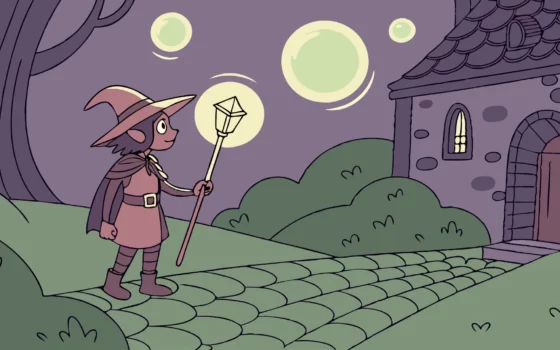 Sharty, a Baldur's Gate 3 fan character, holds a glowing staff outside a tavern.