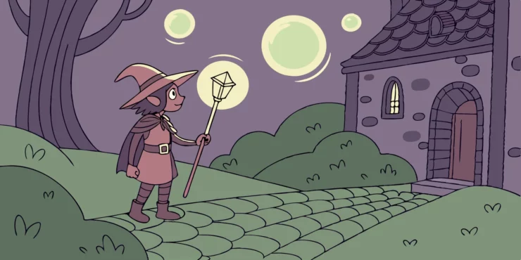 Sharty, a Baldur's Gate 3 fan character, holds a glowing staff outside a tavern.