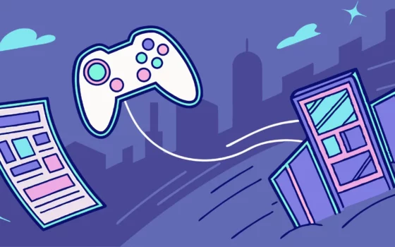 AI summarizes gaming news. Game controller on digital display with city backdrop.