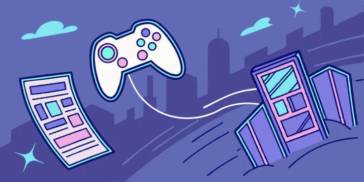 AI summarizes gaming news. Game controller on digital display with city backdrop.