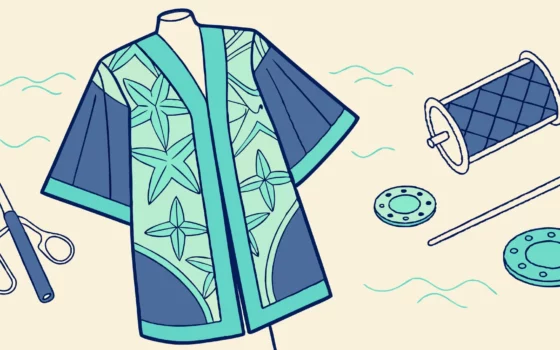 Cosplayer sewing Wavemother robe details.