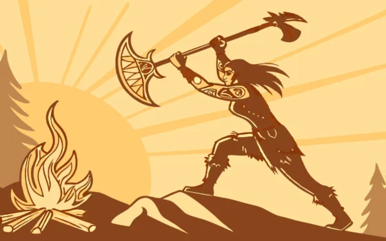 Karlach, a powerful barbarian in Baldur's Gate 3, wields an axe by a campfire.