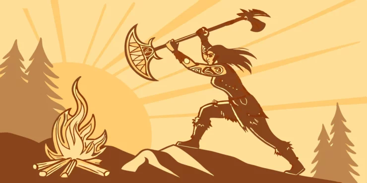 Karlach, a powerful barbarian in Baldur's Gate 3, wields an axe by a campfire.