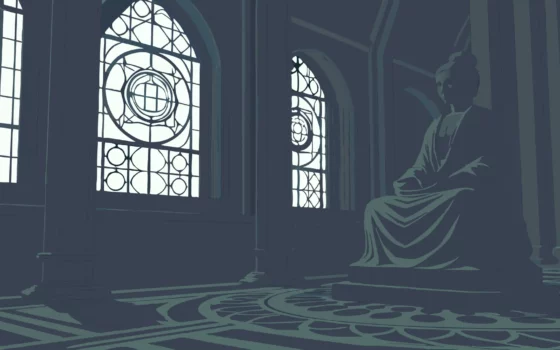 Shadowheart praying to Lady Shar's statue in Baldur's Gate 3.