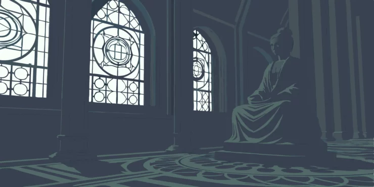 Shadowheart praying to Lady Shar's statue in Baldur's Gate 3.
