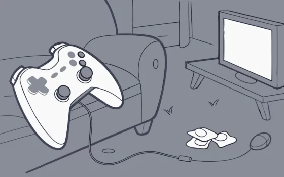 Lost game progress: Controller on couch near TV.
