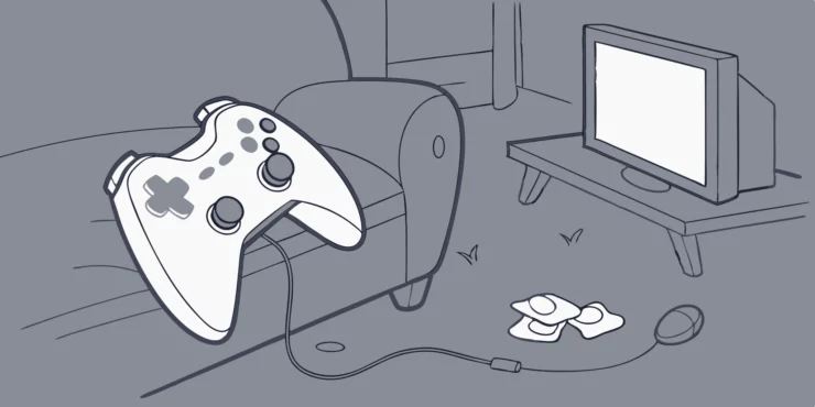 Lost game progress: Controller on couch near TV.