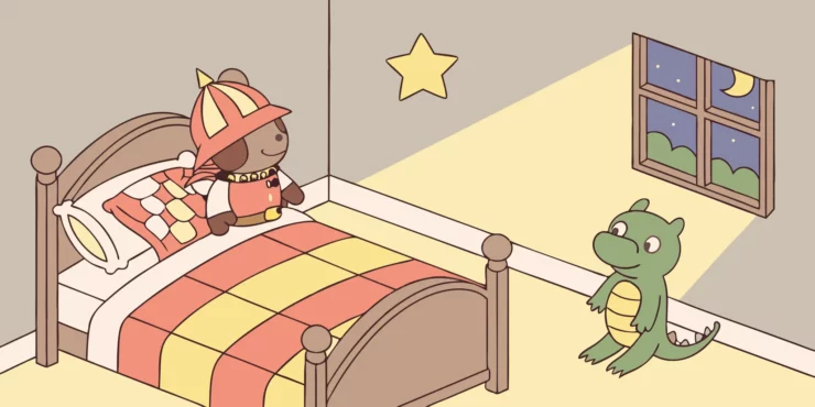 Friendly dinosaur and firefighting bear in a whimsical bedroom.