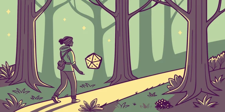 D&D character creation: Adventurer on a forest path with d20.