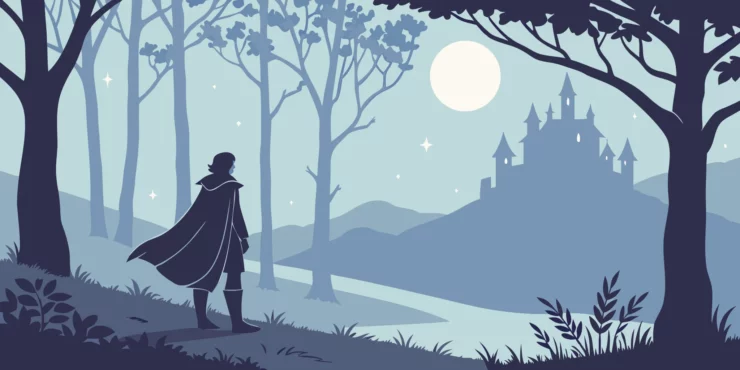 Cloaked figure gazing at a distant castle under a full moon.