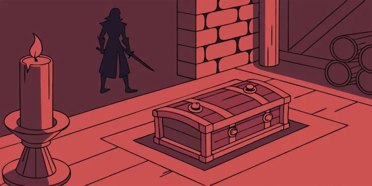 Baldur's Gate 3: Shadowy figure with treasure chest in dim room.