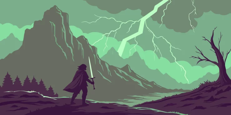 Baldur's Gate 3 warrior facing a stormy mountain.