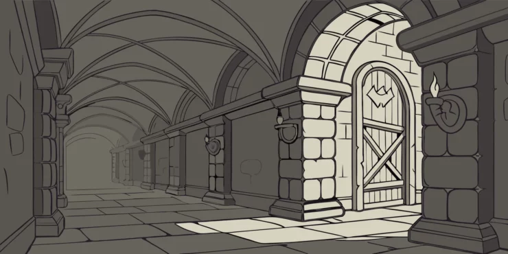 Ominous corridor and imposing wooden door in Baldur's Gate 3.