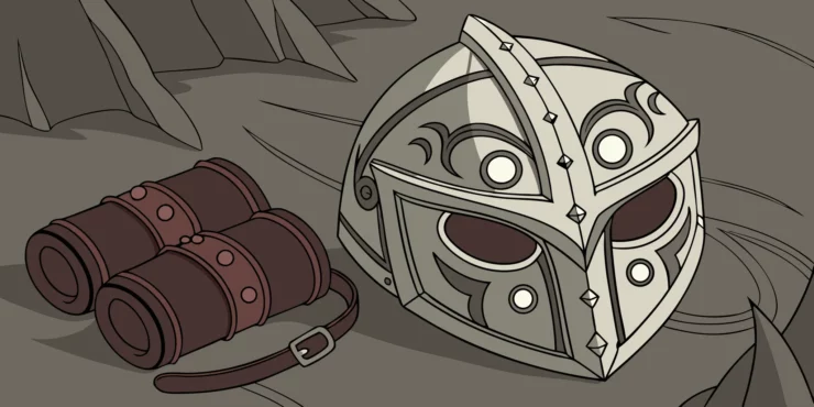 Gortash cosplay: Helmet and leather bracers.