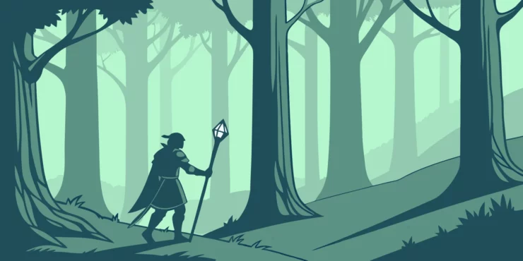 Faithwarden staff in hand, adventurer explores Baldur's Gate 3's mystical grove.