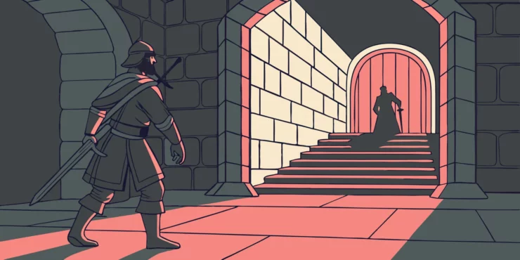 Gortash confronts a visitor in a dimly lit castle.