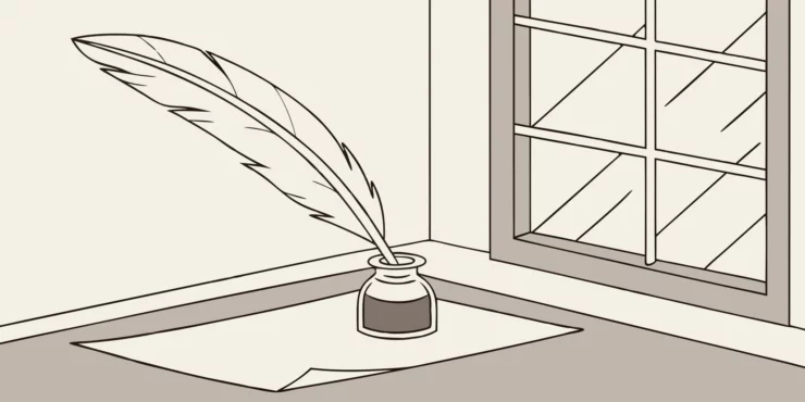 Quill and inkwell by window. Concise writing tools.