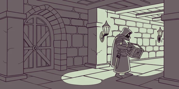 Shadowheart clutches a mysterious box in a stone corridor.