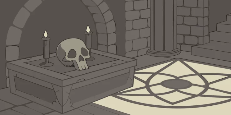 Death domain cleric skull with candles on altar.