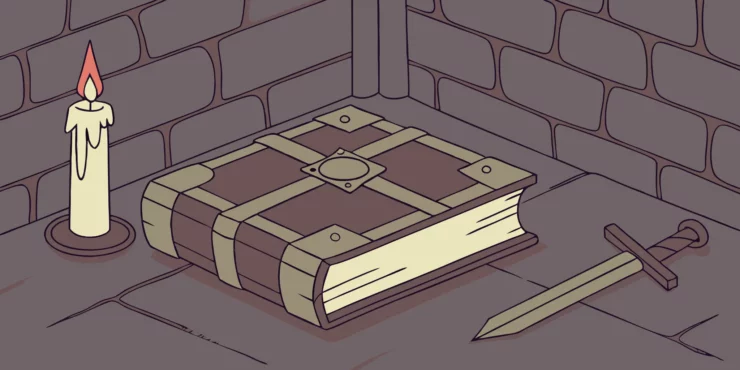 Candlelit sword and ancient book on stone. Baldur's Gate 3 Dark Urge.