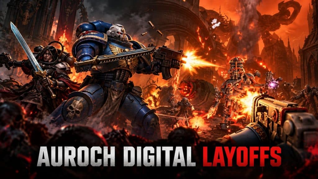 Auroch Digital layoffs featured image with a Space Marine from Warhammer 40,000: Boltgun 2 on a burning battlefield