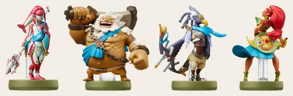 The four Champion amiibo figures from Breath of the Wild: Mipha, Daruk, Revali and Urbosa