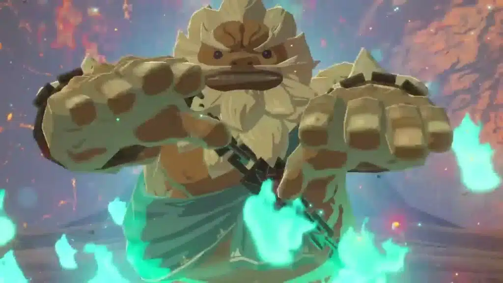 Daruk, the Goron Champion, raising his fists in front of the lava glow of Death Mountain in Breath of the Wild