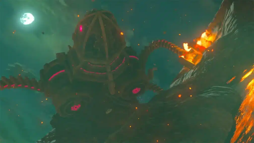Divine Beast Vah Rudania on the lava slopes of Death Mountain in Breath of the Wild