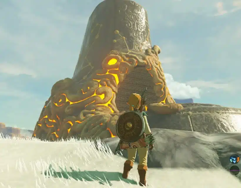 Link standing in front of a glowing orange Ancient Shrine in Breath of the Wild