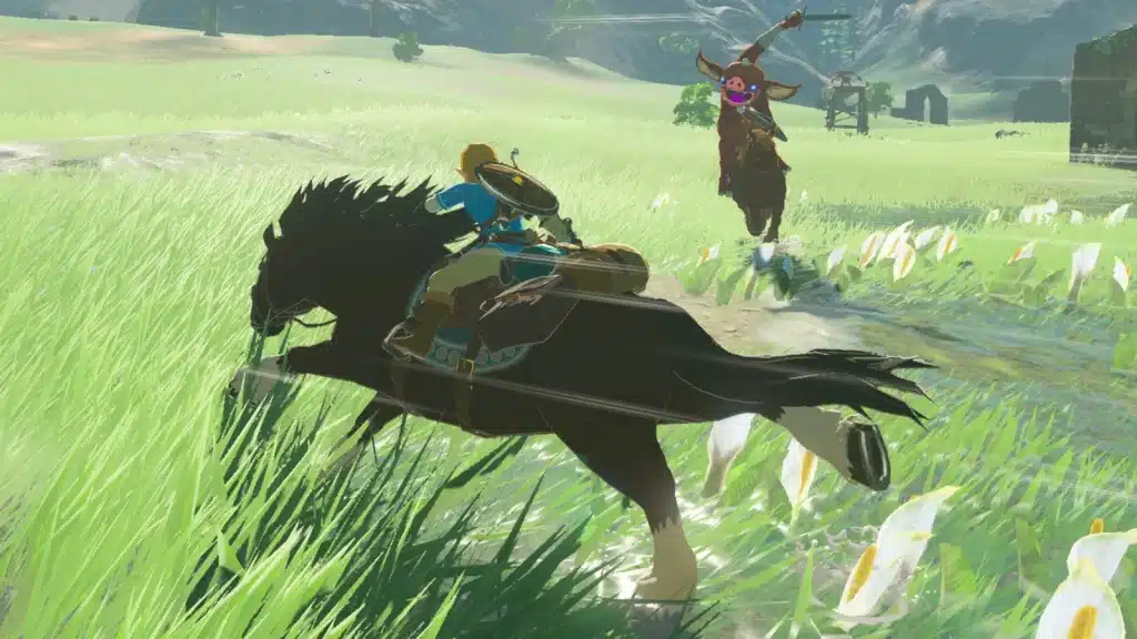 Link riding a dark horse through the grass of Hyrule Field in Breath of the Wild