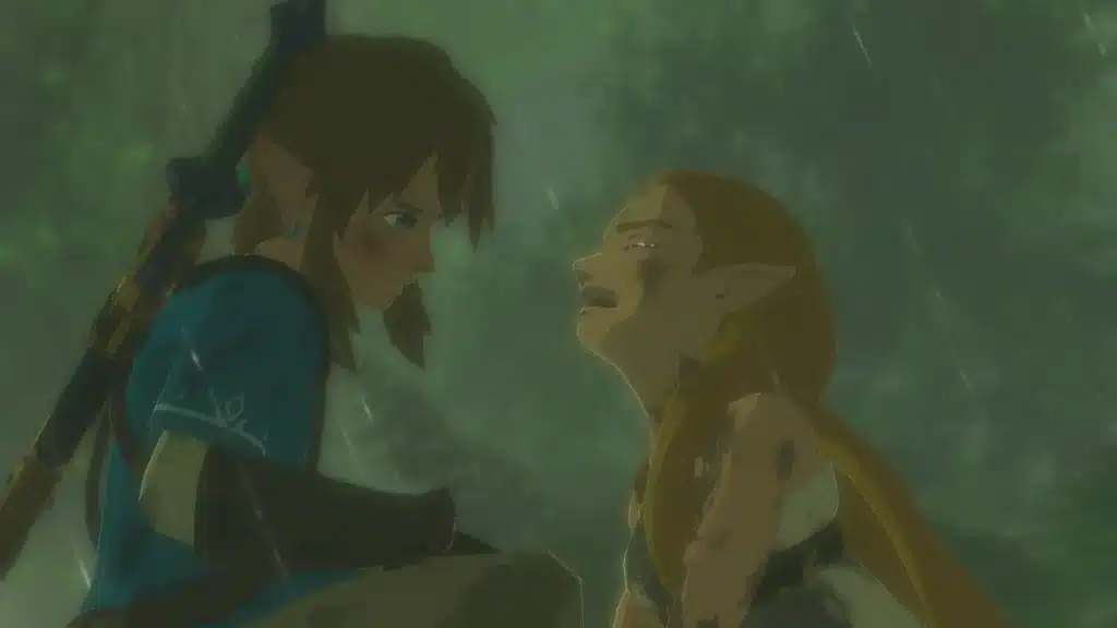 Breath of the Wild memory scene of Link and a tearful Princess Zelda sitting together in the rain