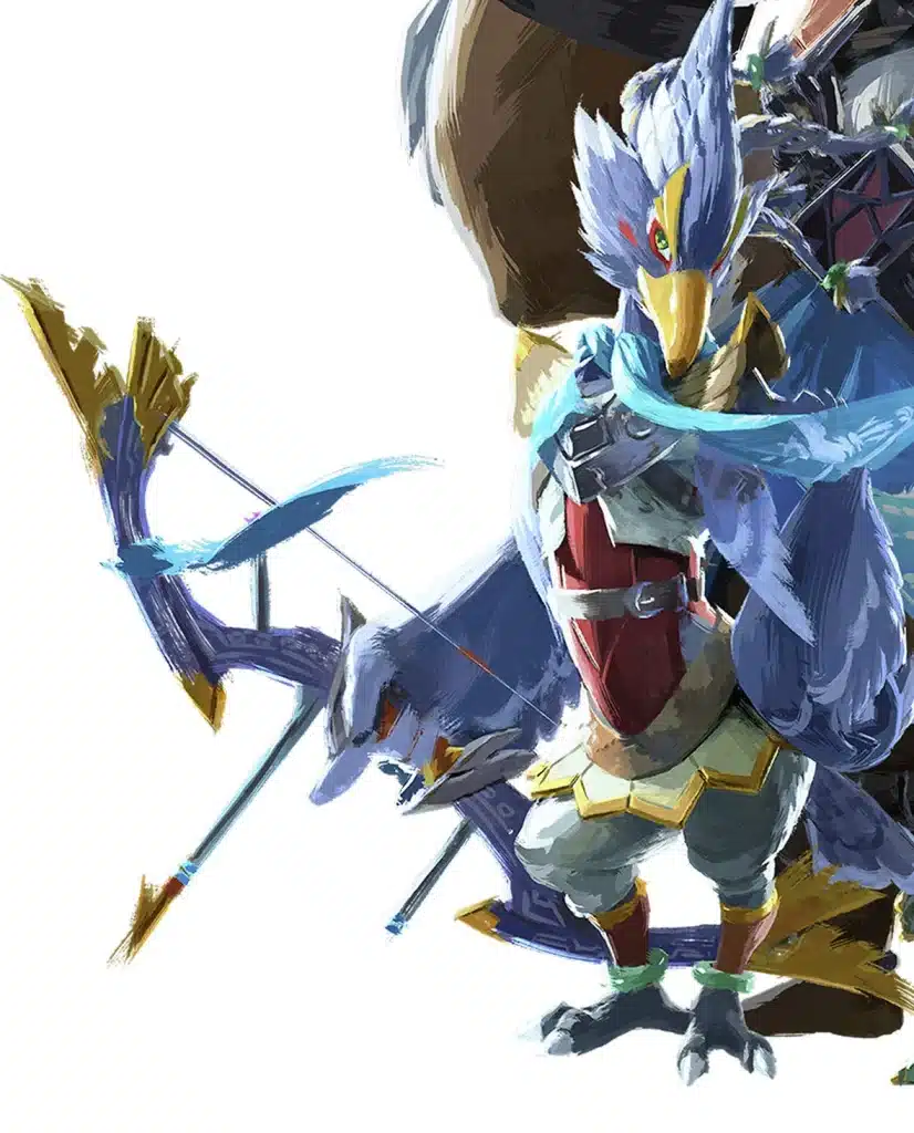 Official artwork of Revali, the Rito Champion, holding the Great Eagle Bow in Breath of the Wild