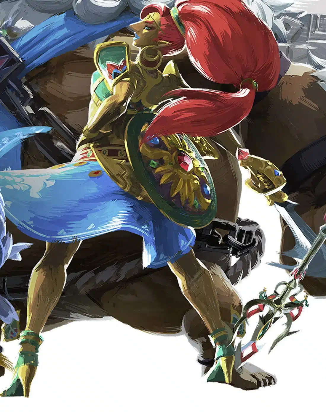 Official artwork of Urbosa, the Gerudo Champion, with her sword and golden shield