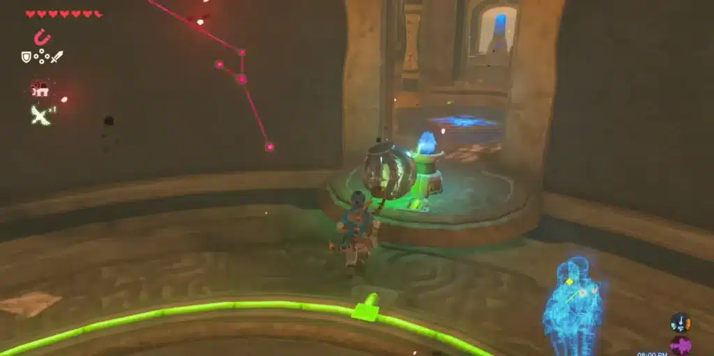 Link moving a metal orb toward a glowing pedestal inside Divine Beast Vah Naboris