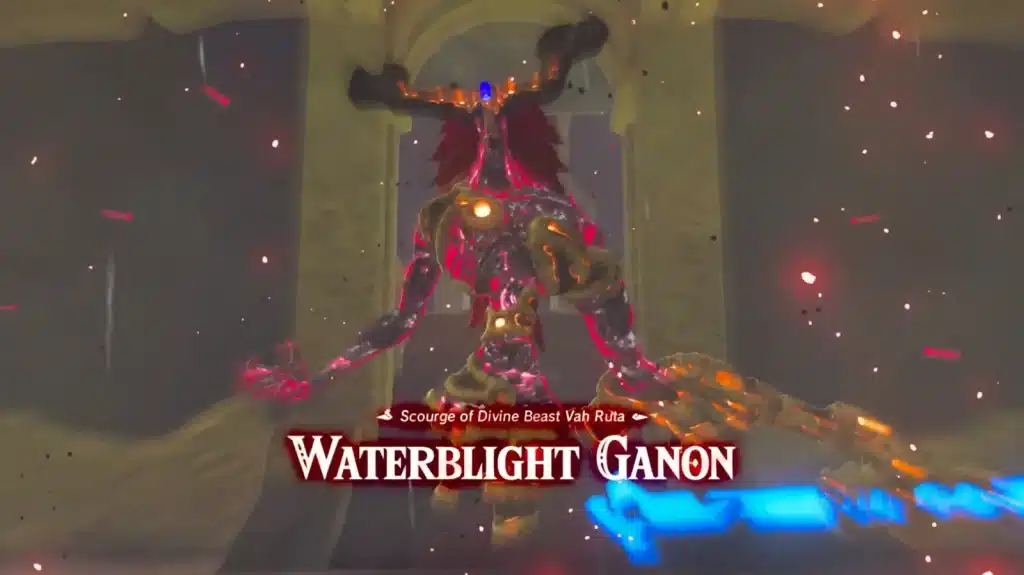 Waterblight Ganon boss intro title card reading Scourge of Divine Beast Vah Ruta in Breath of the Wild
