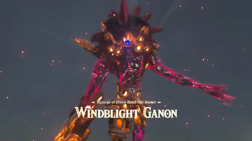 Windblight Ganon boss intro title card reading Scourge of Divine Beast Vah Medoh in Breath of the Wild