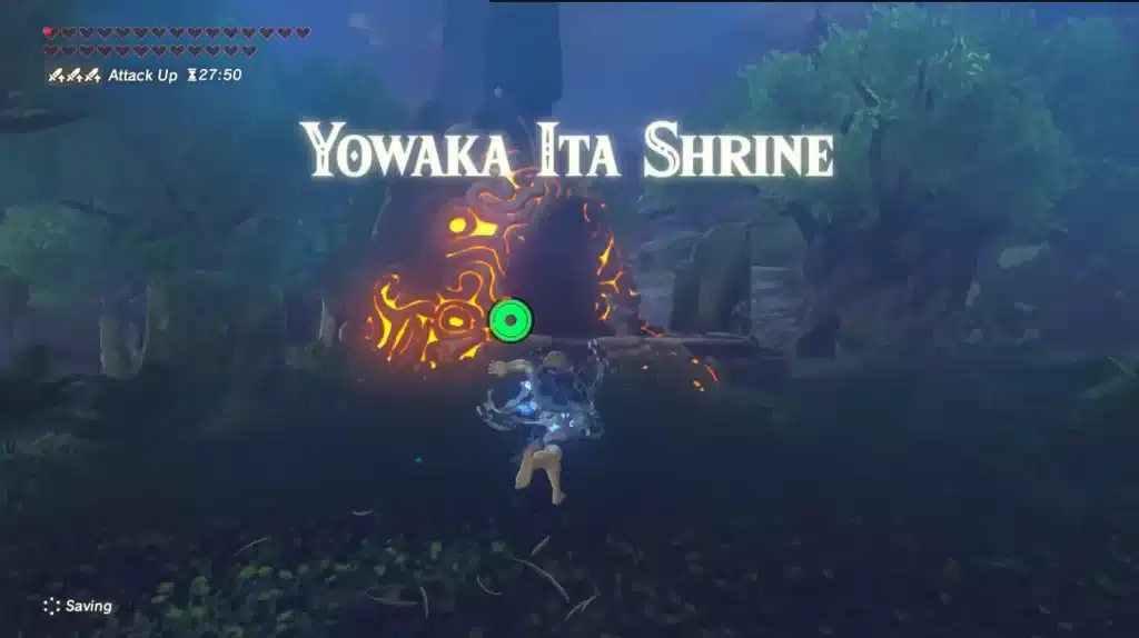 Link running toward Yowaka Ita Shrine at night in a dark forest, with the shrine name on screen