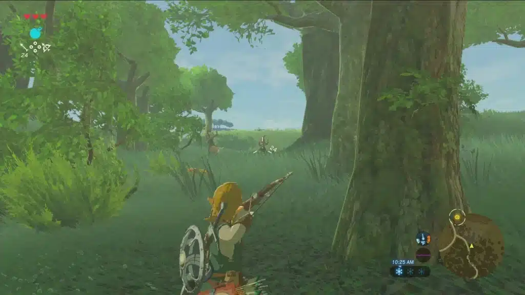 Link drawing his bow in a dense green forest in Breath of the Wild