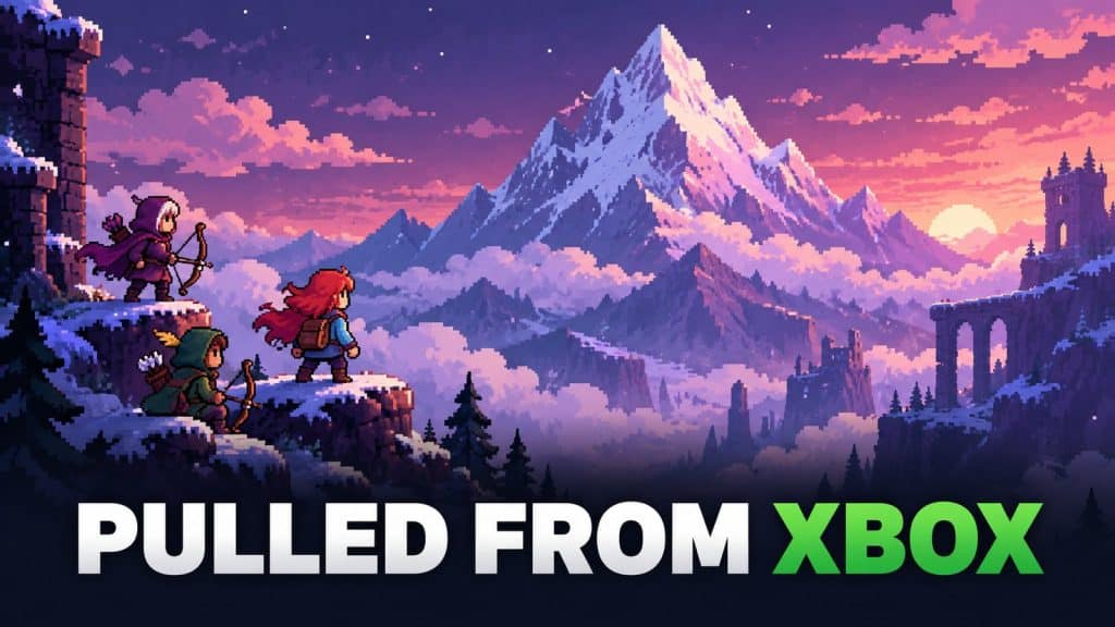 Celeste delisted from Xbox featured image with pixel-art climbers and archers facing a snowy mountain at dusk