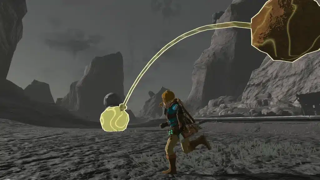 Link using Recall in Tears of the Kingdom while a highlighted boulder follows its path back